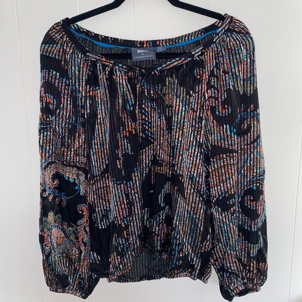 MAEVE ANTHROPOLOGIE Madeira Burnout Satin Blouse Multicolor Balloon Sleeves Sz S - Picture 3 of 10